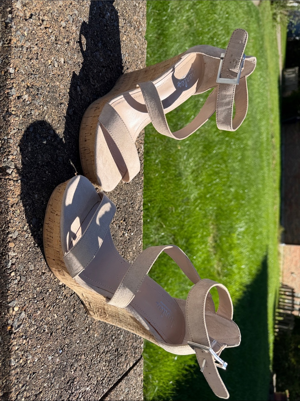Charles by Charles David Nude Beige Suede Cork Wedge Sandals